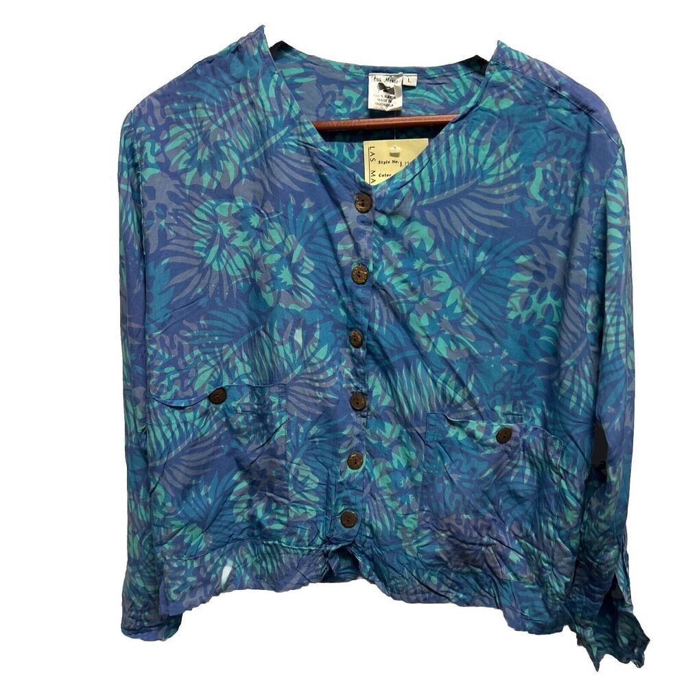Las Manos Handwovens Women Large Cotton Button Front Rayon Green Blue New